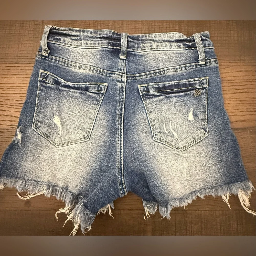 Special A Distressed Dark Blue Denim Women Shorts Double Button Size Small